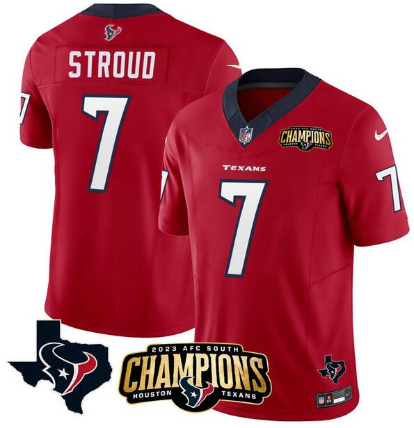 Men's Houston Texans #7 C.J. Stroud Red 2023 F.U.S.E. AFC South Champions Patch And Team Logo Patch Vapor Untouchable Limited Stitched Football Jersey